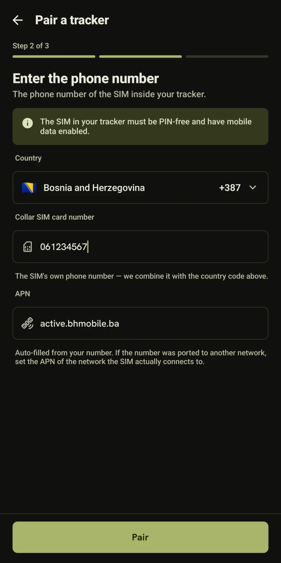 Type the SIM number
